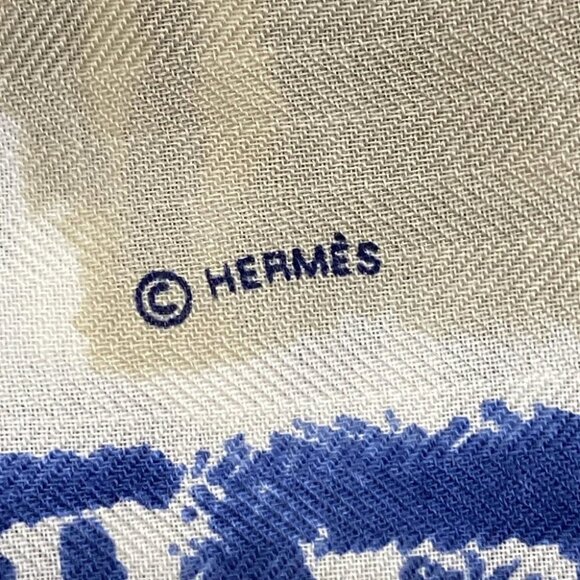 HERMES Kare H 100 - Natural Ochre Marine Cashmere Silk Scarf - Picture 4 of 6
